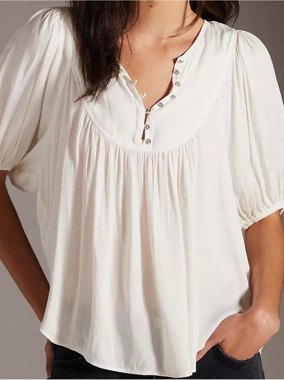 Anthropologie Cream Peasant Blouse with Button Detail XS
